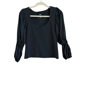 Anthropologie Maeve Blue Ribbed Satin Tiered Balloon Sleeve Cropped Top Size S